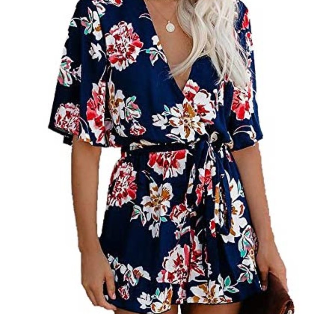 Blue white floral romper